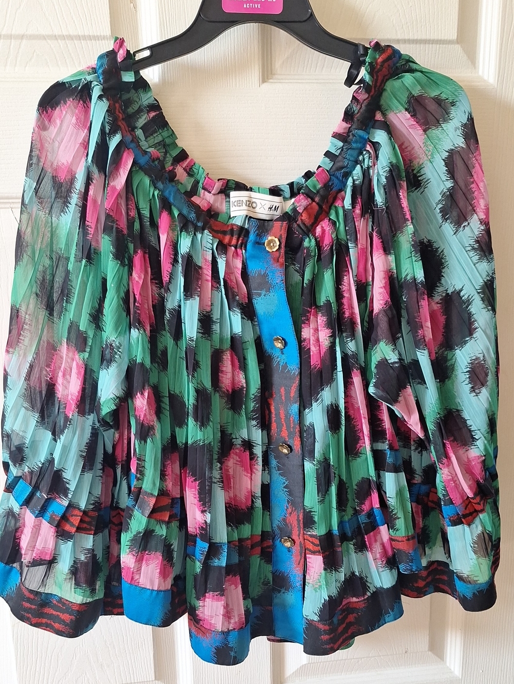 Kenzo× H&M Green & Pink Printed Pleated Womens Top